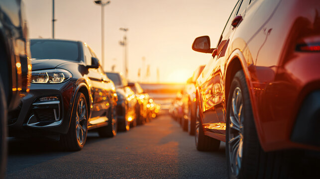 Car parked at outdoor parking lot. Used car for sale and rental service. Automobile parking area. Car dealership and dealer agent concept.
