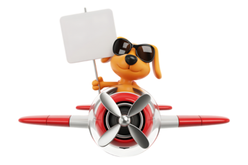 A cartoon dog wearing sunglasses flying a red and white airplane while holding a blank white sign up high