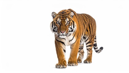 Obraz premium Majestic Tiger on the Prowl: A powerful tiger confidently strides forward, its striking orange and black stripes and piercing gaze capturing the essence of the wild and regal nature.