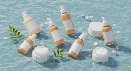 Cosmetic product mockup with blank labels floating on water with delicate flowers