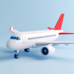 White Airplane with Red Tail on Light Blue Background