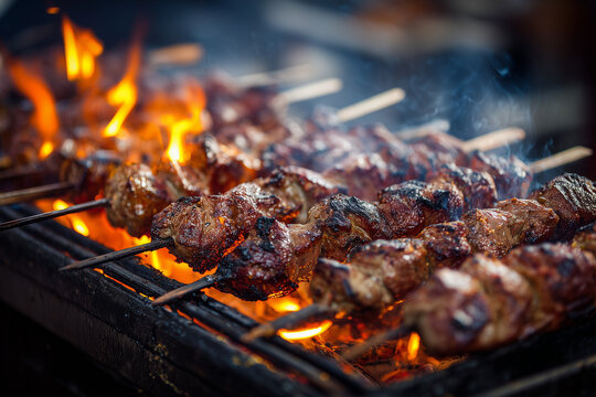 Grilled meat skewers on flaming barbecue grill - Powered by Adobe