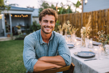 Smiling man at outdoor dinner party