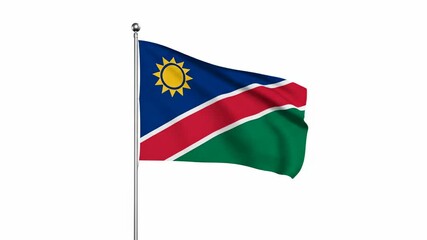 A waving flag of Namibia on a silver pole against a white background