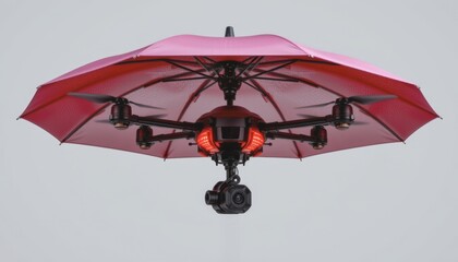 Drone equipped with a pink umbrella for unique aerial photography.
