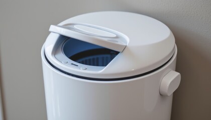 Modern white trash can with a lid and control panel.