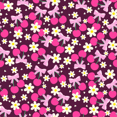 Pink dark base strawberry and bow daisy seamless pattern textile print