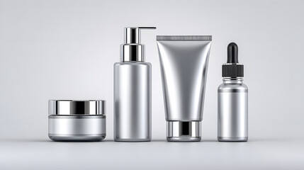Silver skincare product set including jar, pump bottle, tube, and dropper bottle, elegantly arranged on neutral background. sleek design conveys luxury and modernity