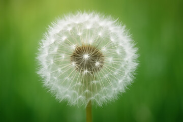 Fototapeta premium Detailed Close-up of Dandelion Seed Head Against Green Bokeh