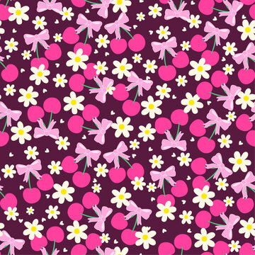 Pink dark base strawberry and bow daisy seamless pattern textile print