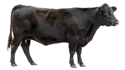 Black Angus Cow Standing in Profile, Isolated on Transparent Background