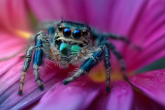 Magnificent jumping spider on pink flower