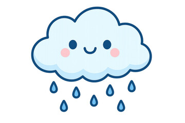 Adorable cartoon cloud with smiling face is gently pouring rain, set against a transparent background