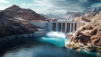 Serene Landscape of a Powerful Hydro Electric Dam Surrounded by Dramatic Mountains and Calm Water Flowing Beneath the Structure