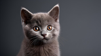 Obraz premium Adorable gray kitten with big brown eyes posing against a dark gray background