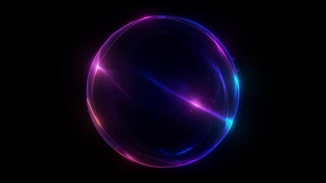 purple laser sphere video loop features a glowing ball of pink and blue particles, resembling a magenta purple orb. It has a neon, futuristic look, perfect for technology, science, or AI projects