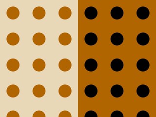 Abstract seamless pattern featuring two contrasting polka dot designs in warm brown and black tones.