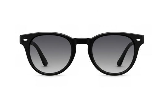 Sleek black sunglasses featuring gradient lenses, floating against transparent surface with modern minimalist design