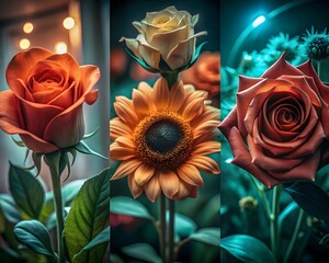 Closeup of orange roses sunflower and white rose