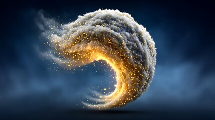 A dynamic cloud of golden glitter swirling in suspended animation, forming a soft orb of particles over a subtle smoky backdrop