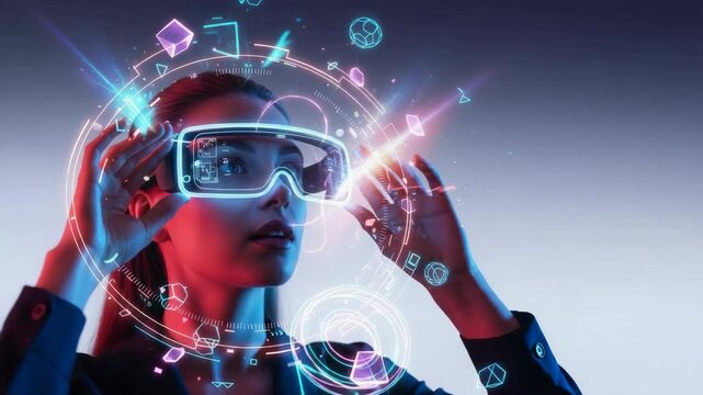 Futuristic Woman Wearing Virtual Reality Glasses with Digital Effects
