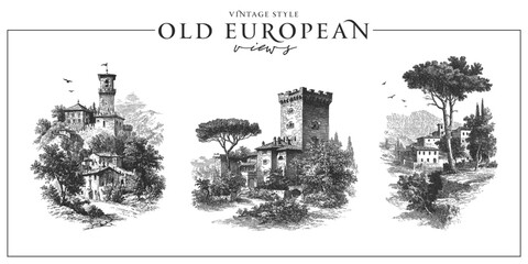 Set of traditional old European landscapes with castles, farms, hills and valleys. Tuscany, Provencal or Spanish views. Vintage engraving or ink drawing style vector illustration. © Anna