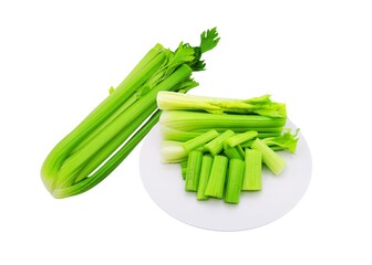 Heart of Celery slices on the plate and whole on the side isolated