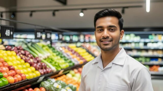 Friendly supermarket employee smiling in fresh produce section