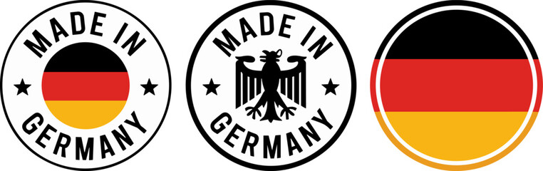 Set of Made in Germany Label Icons – Made in Germany Logo Symbol, German Made Badge, Germany Flag Vector for Product Branding

