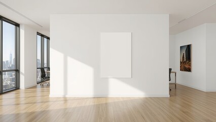 Obraz premium Blank poster mockup on clean white wall in bright modern office interior with large windows and cityscape view in background for advertising concept. 3D Rendering