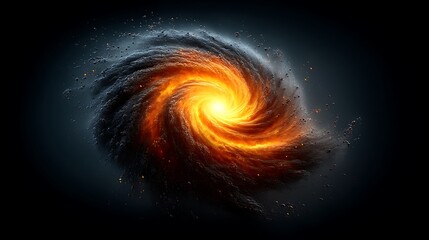 A dynamic swirling galaxy core with intense light bursts radiating outward, mixed with dark lanes of dust and vivid nebula patches