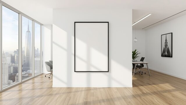 Blank poster mockup on clean white wall in bright modern office interior with large windows and cityscape view in background for advertising concept. 3D Rendering