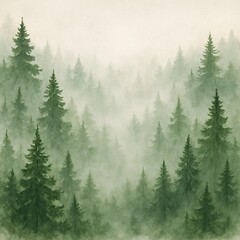 Fototapeta premium Watercolor-style illustration of a foggy pine forest, with layers of tall evergreen trees fading into the mist, evoking calm, mystery, and nature's depth.