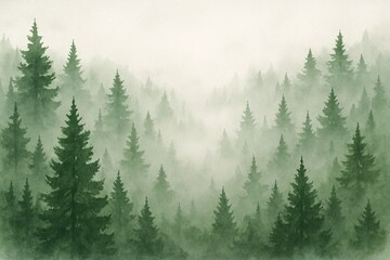 Fototapeta premium Watercolor-style illustration of a foggy pine forest, with layers of tall evergreen trees fading into the mist, evoking calm, mystery, and nature's depth.