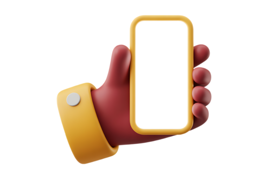 A cartoon hand holding a phone with a blank white screen and a yellow case against a white background