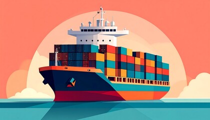 Obraz premium Cargo Ship Sunset, Container Vessel Illustration - Geometric Illust.