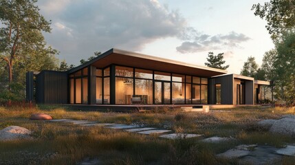 Obraz premium Modern architectural design of a stylish house surrounded by nature at sunset with large windows and sleek lines