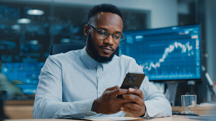 Professional black man focused on smartphone checking market trends at workplace office