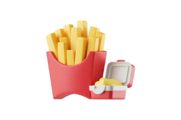 A stylized illustration of french fries in a red container with a lunchbox filled with sauce nearby