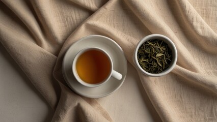 Healing Organic Loose Tulsi Tea with White Cup and Linen Napkin, Flat Lay


