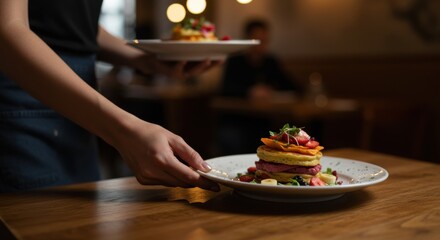 Serving delicious stack of pancakes at a cozy restaurant culinary experience indoor gourmet presentation