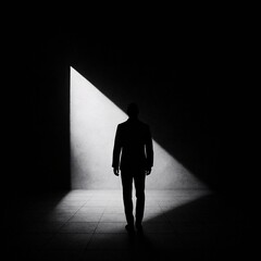 Obraz premium Lone man in formal attire standing in dramatic spotlight, casting deep shadow in dark room, symbolizing mystery, isolation, power, and introspection in cinematic black and white.