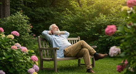 Fototapeta premium Relaxing senior man enjoying peaceful moment in blooming garden nature scene outdoor serenity concept
