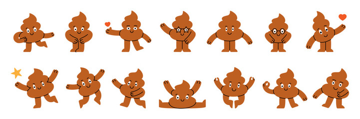 Poop characters. Funny poop mascots. Different poses and expressions. Various doodle poops sticker pack design. Vector illustration.