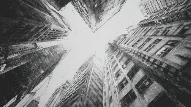 Fototapeta Imagination concept Urban skyline viewed from below, featuring towering buildings and a cloudy sky.