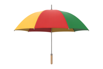 A colorful umbrella with panels of yellow red and green against a plain white background in studio shot