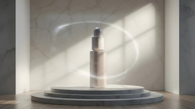 Elegant Cosmetic Product Display on Marble Pedestal in Sunlit Room. Clean delivery &ndash; no audio, full creative freedom.