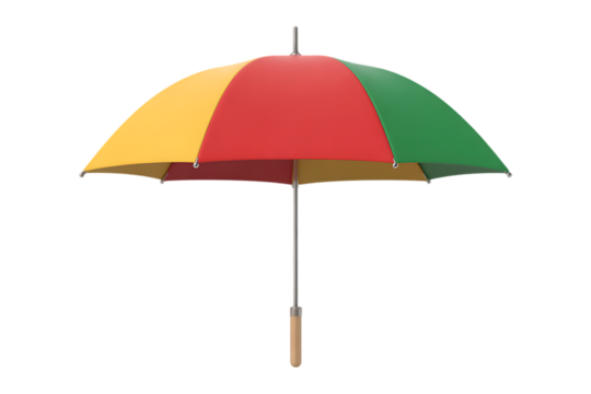 A colorful umbrella with panels of yellow red and green against a plain white background in studio shot