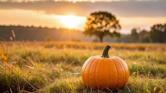 Warm orange pumpkin in a grassy field with sun setting in the background and golden hour light over autumn meadow.