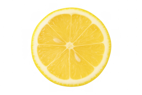 Ripe lemon slice highlighting vibrant pulp sections, showcasing citrusy texture against transparent backdrop